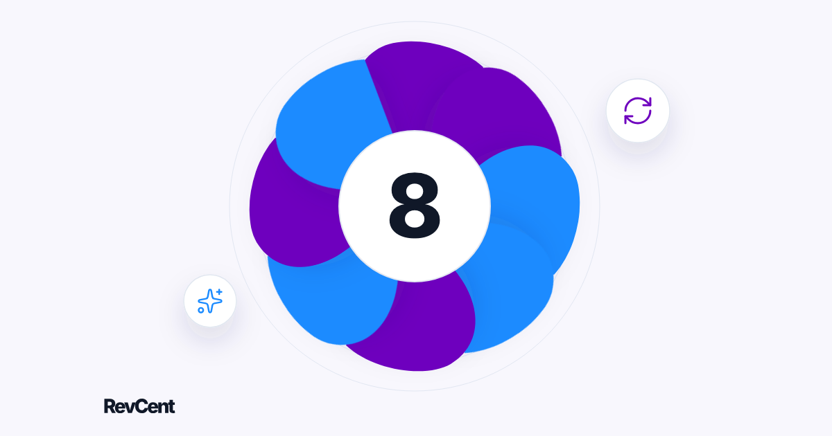 Eight blue and violet turbine blades form a wheel around the number eight