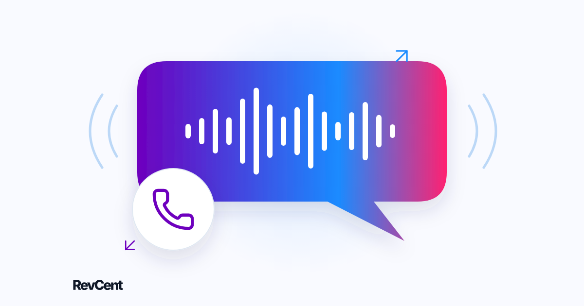 A large voice waveform fills a gradient speech bubble with a phone receiver and inbound and outbound direction marks