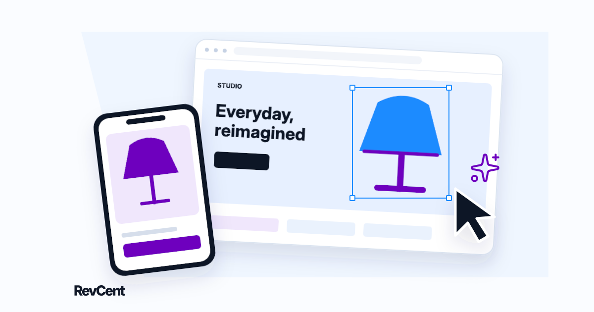 A bright desktop and mobile storefront with a blue lamp product, selection handles and a large AI design cursor