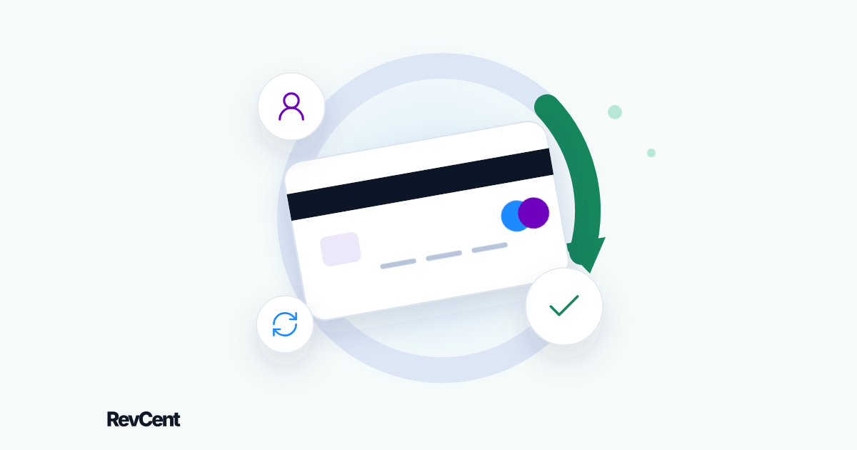 A payment card sits inside a renewal loop whose broken segment is repaired, with customer and check symbols