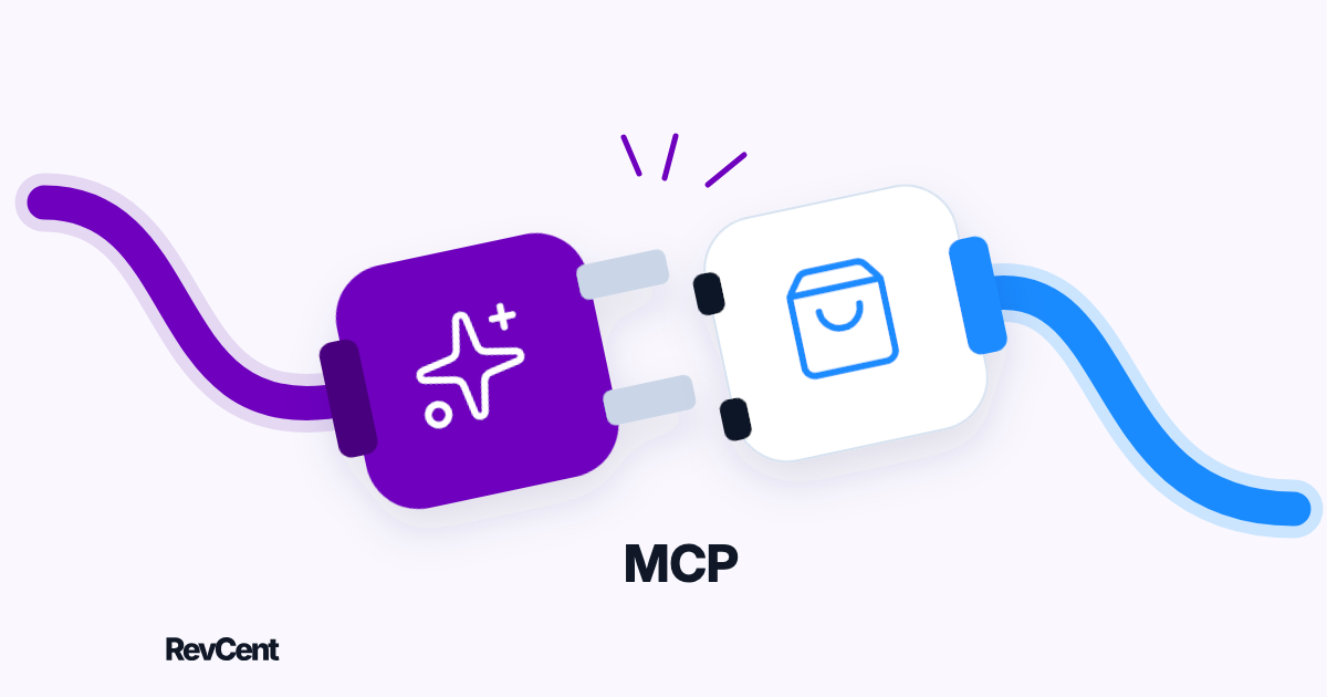An AI plug meets a commerce socket, with blue and purple cables and the label MCP