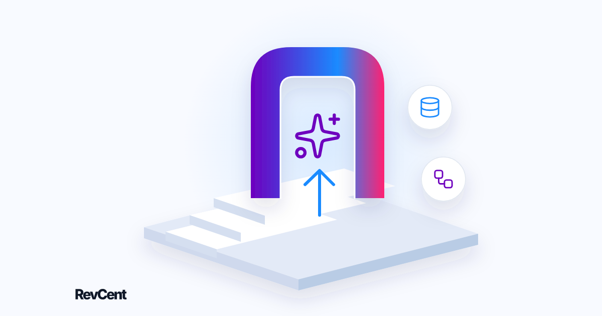 A large gradient doorway opens onto ascending steps, with data and workflow symbols beyond it