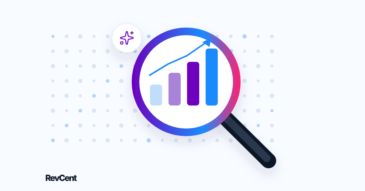 An AI magnifying lens reveals a rising business signal inside a field of scattered data points