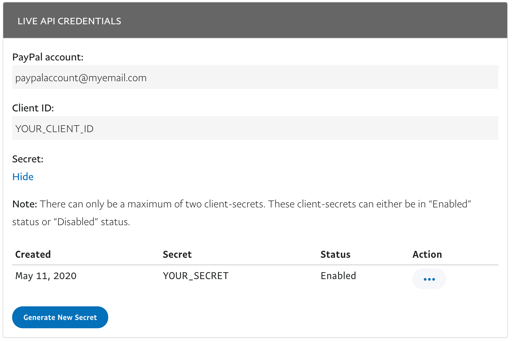 Live API Credentials Box