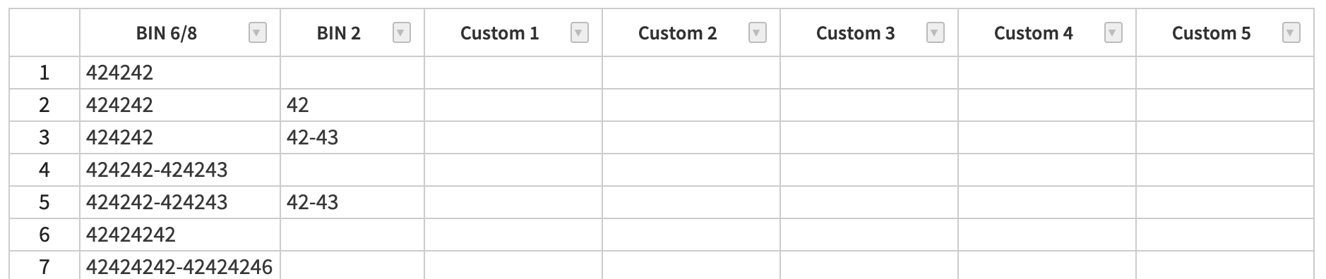 Bin Profile Bin Table