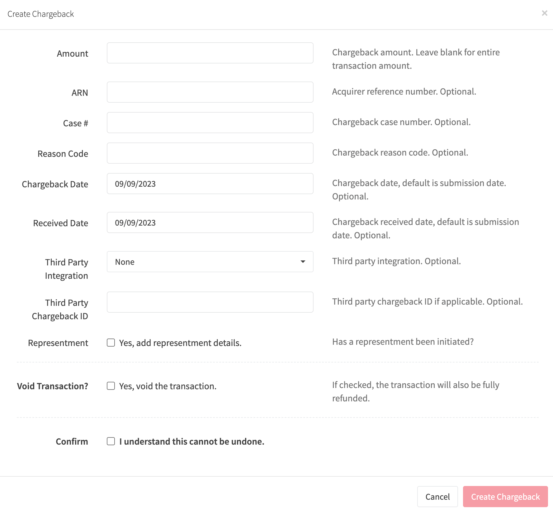 Chargeback Create Modal