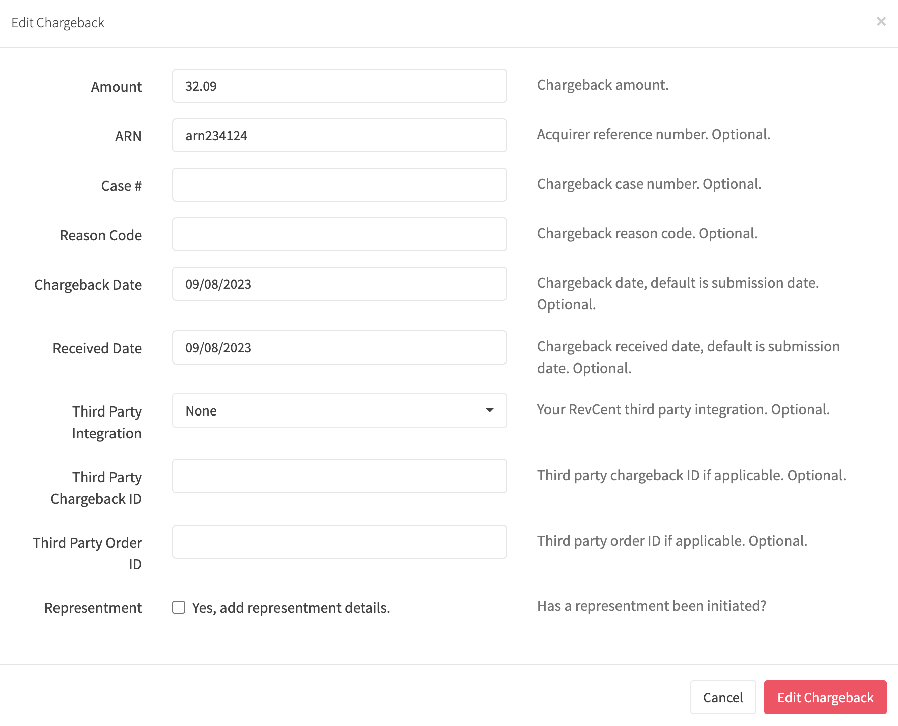 Chargeback Edit Modal