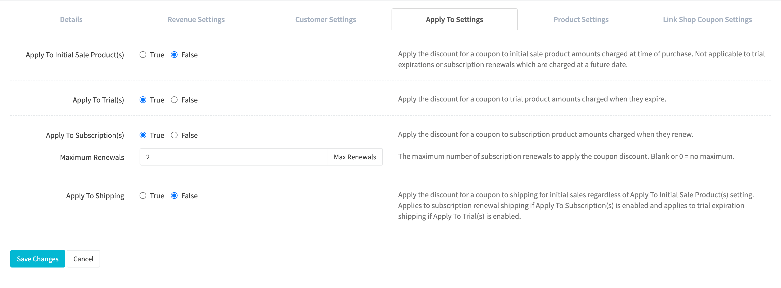 Coupon Profile Edit Apply To Settings