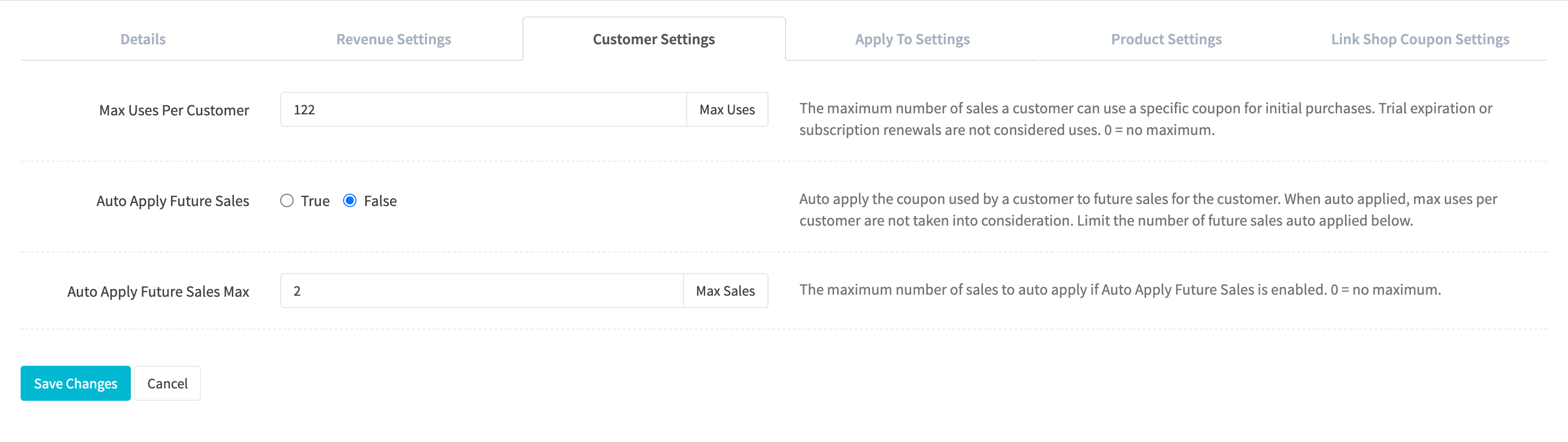 Coupon Profile Edit Customer Settings