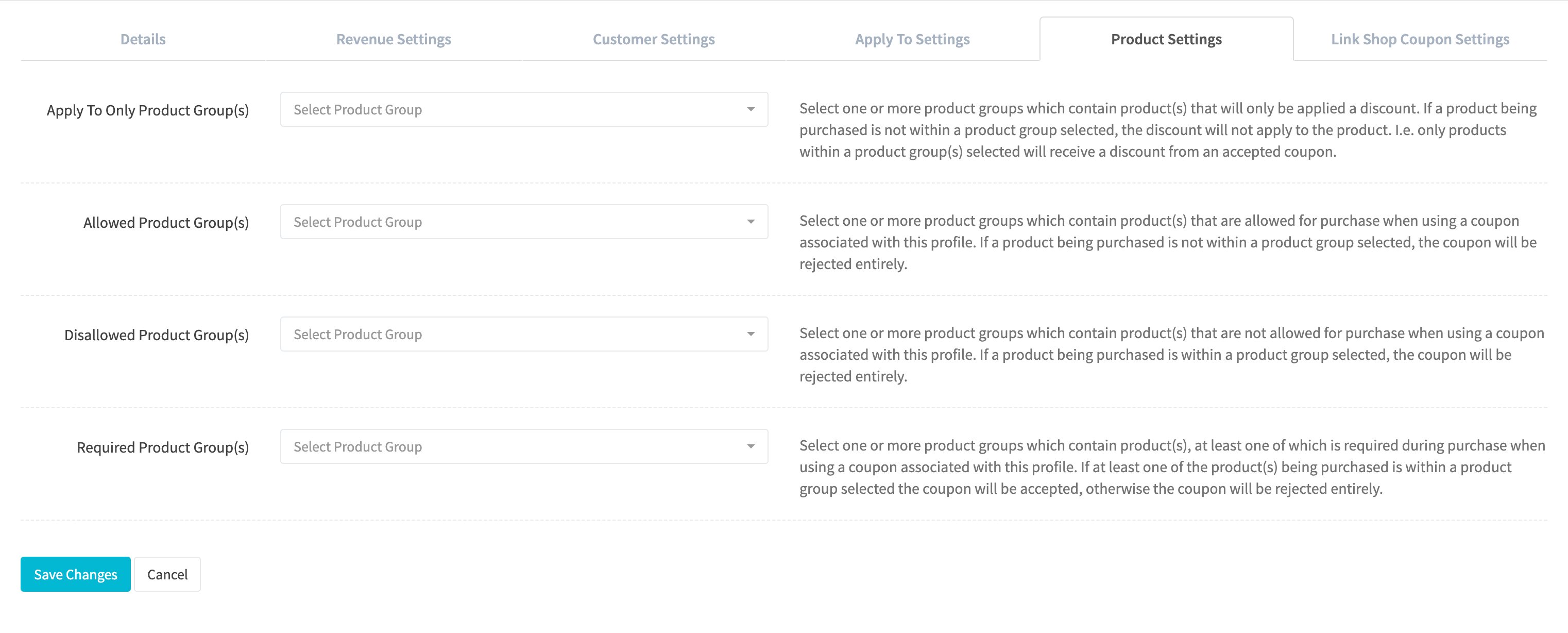 Coupon Profile Edit Product Settings