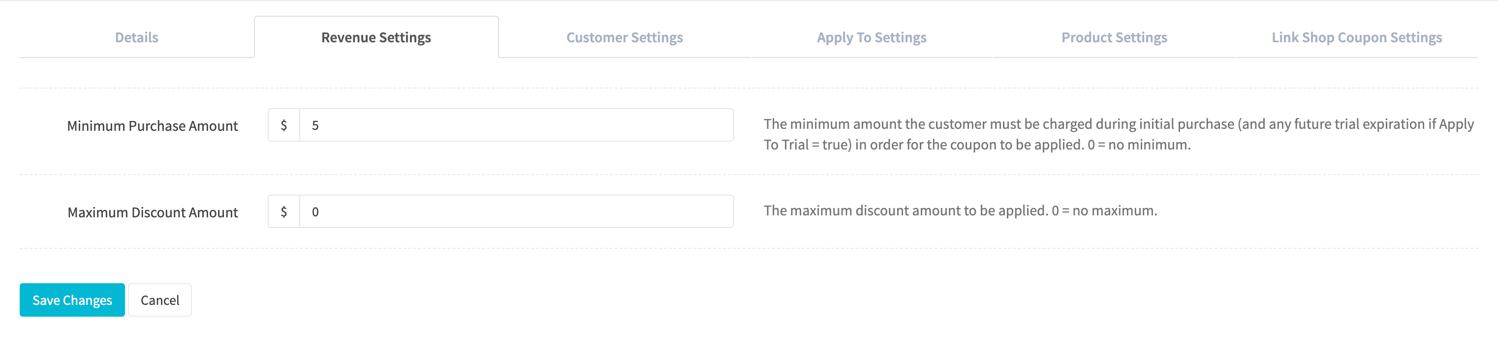 Coupon Profile Edit Revenue Settings
