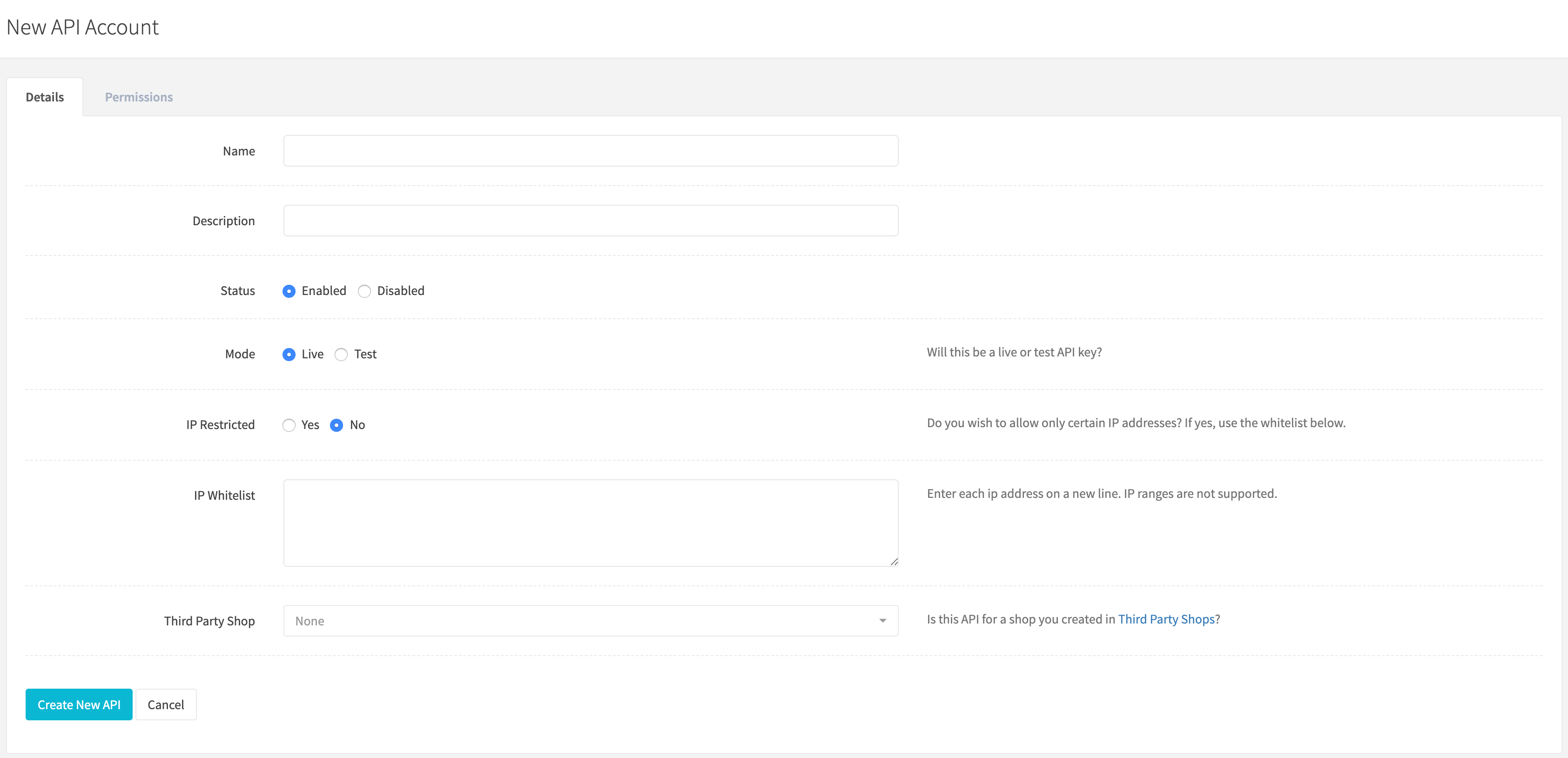 Create API Account Details