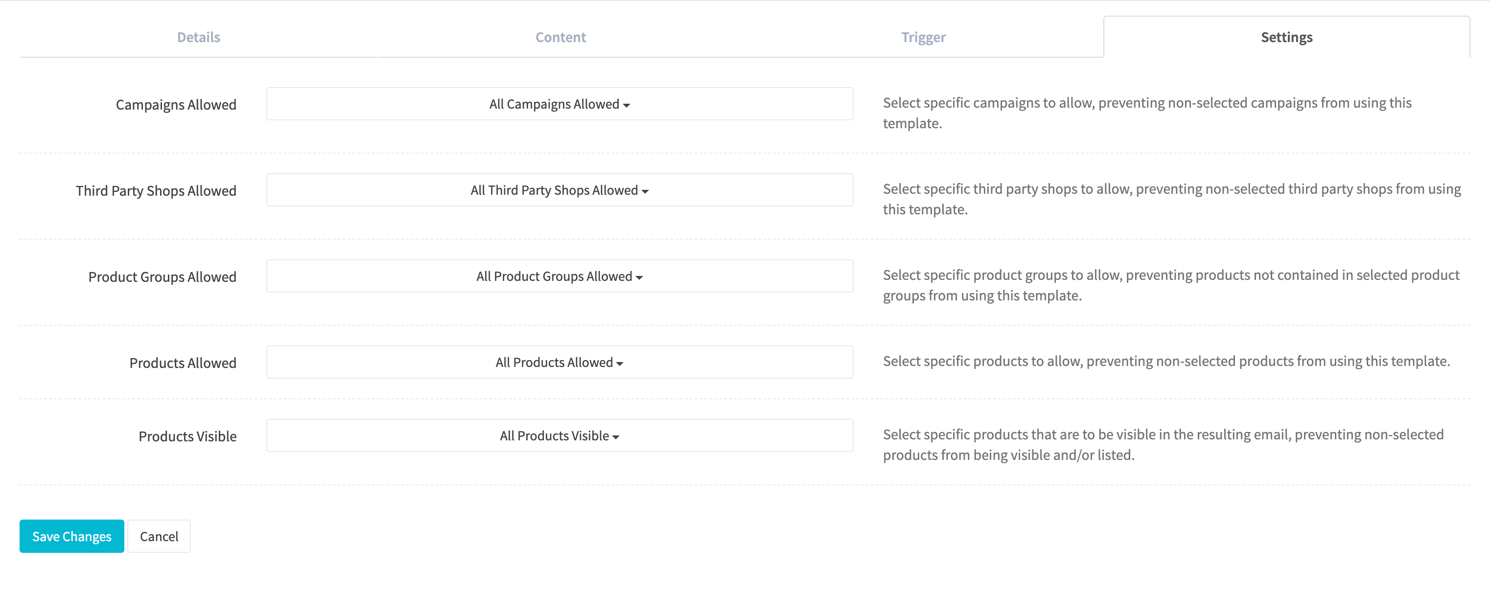 Create Email Template Settings