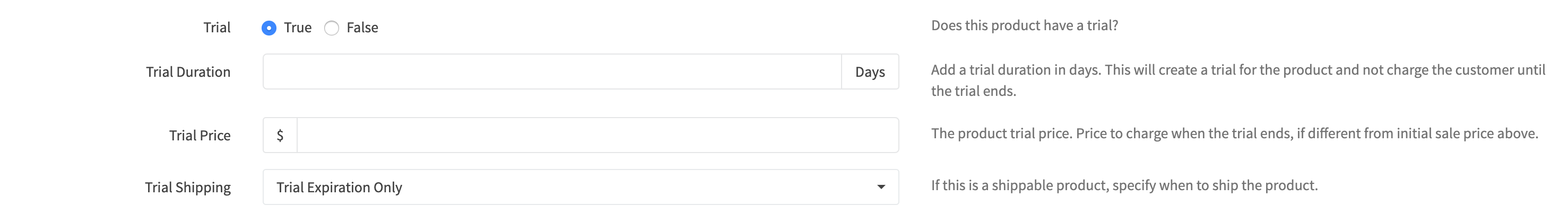 Create Product Details Trial Options