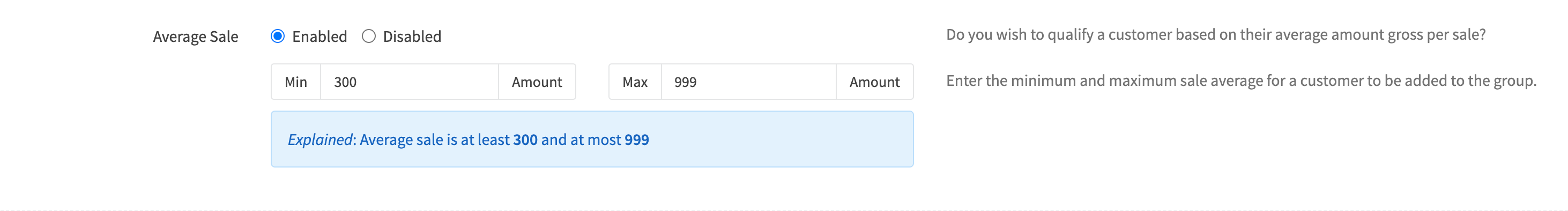 Customer Group Edit Qualifiers Avg Sale