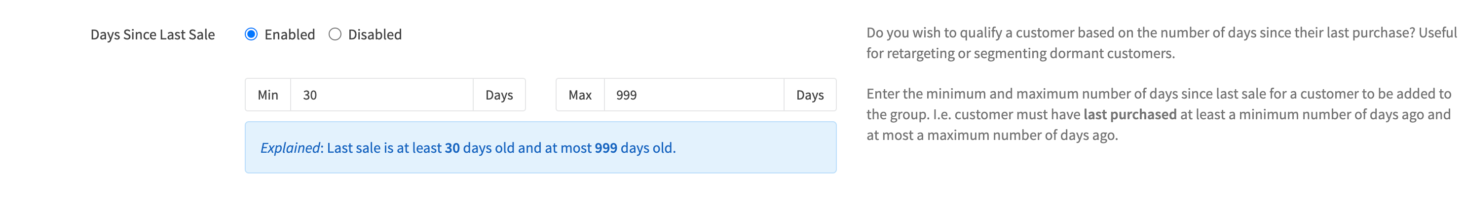 Customer Group Edit Qualifiers Days Since Last Sale