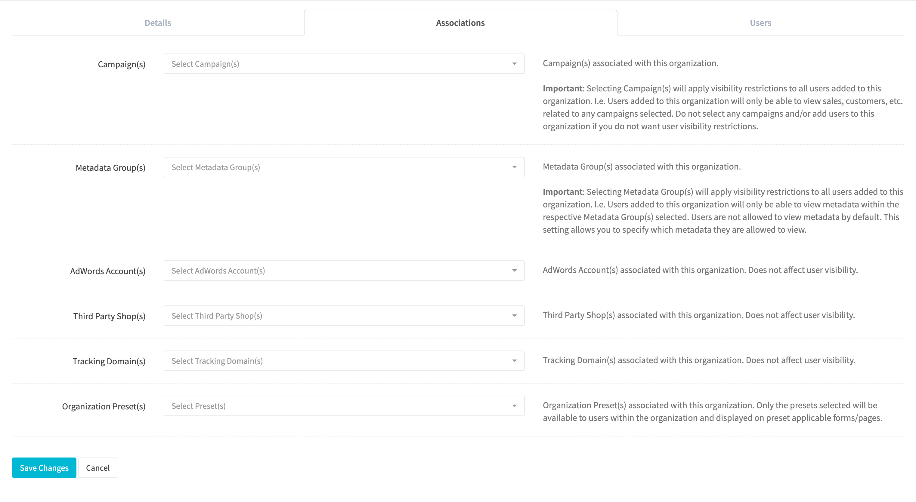 Edit Organization Associations