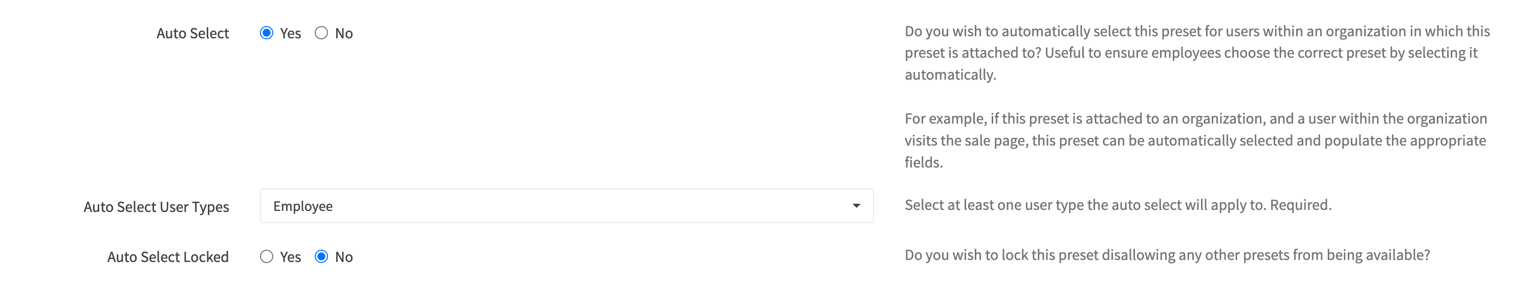 Edit Organization Preset Auto Select