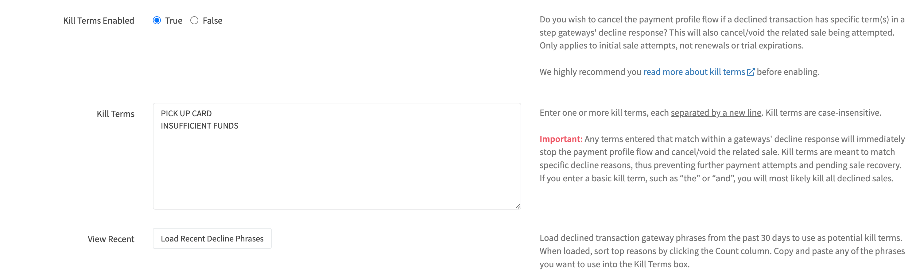 Edit Payment Profile Kill Terms