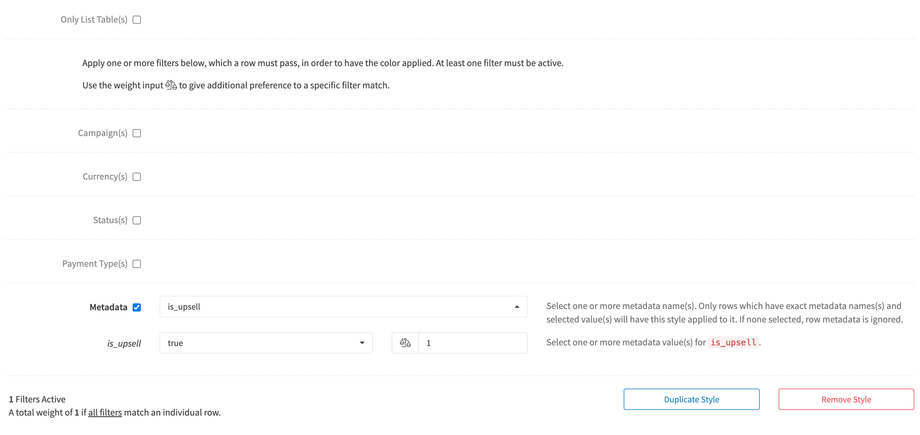 Edit Style Set Upsell Style Filters