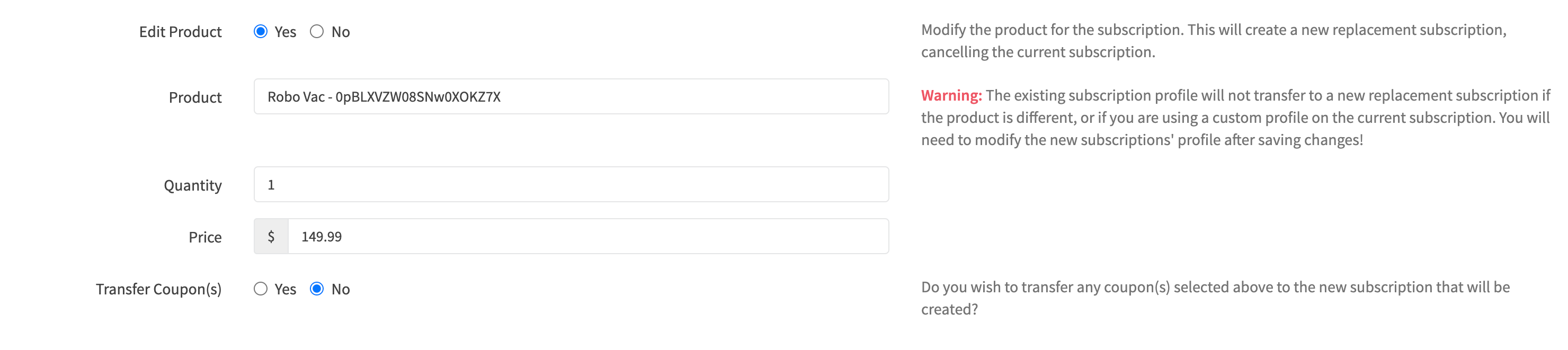 Edit Subscription Edit Product