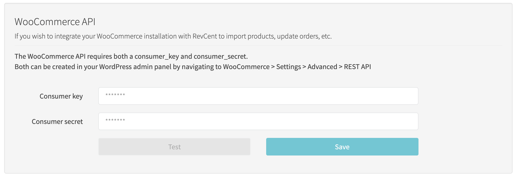 WooCommerce API credentials box
