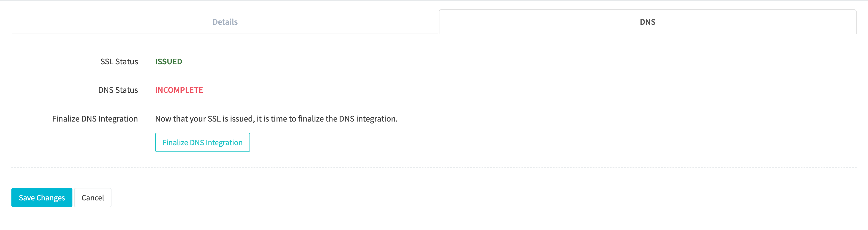 Edit tracking domain DNS finalize