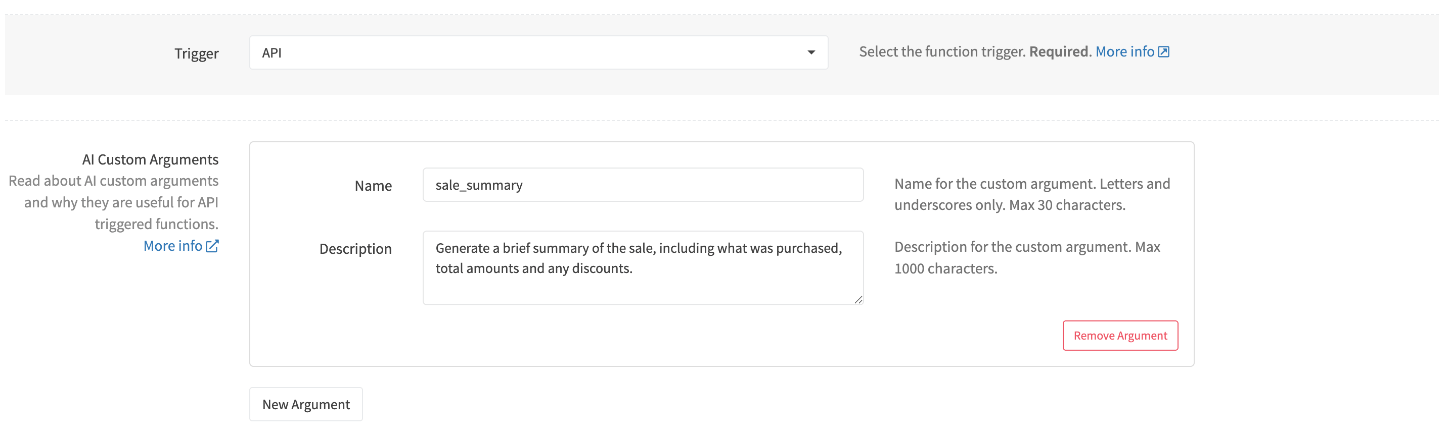 API AI trigger custom arguments