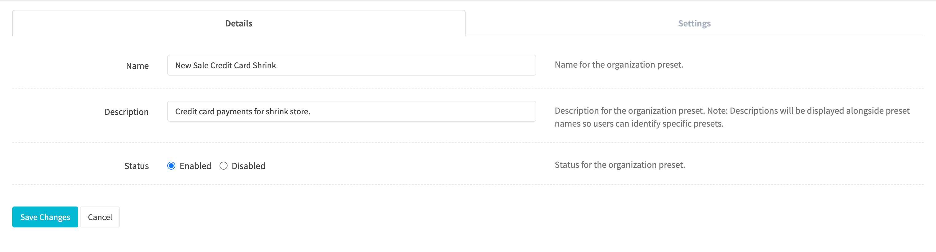 Edit Organization Preset Details