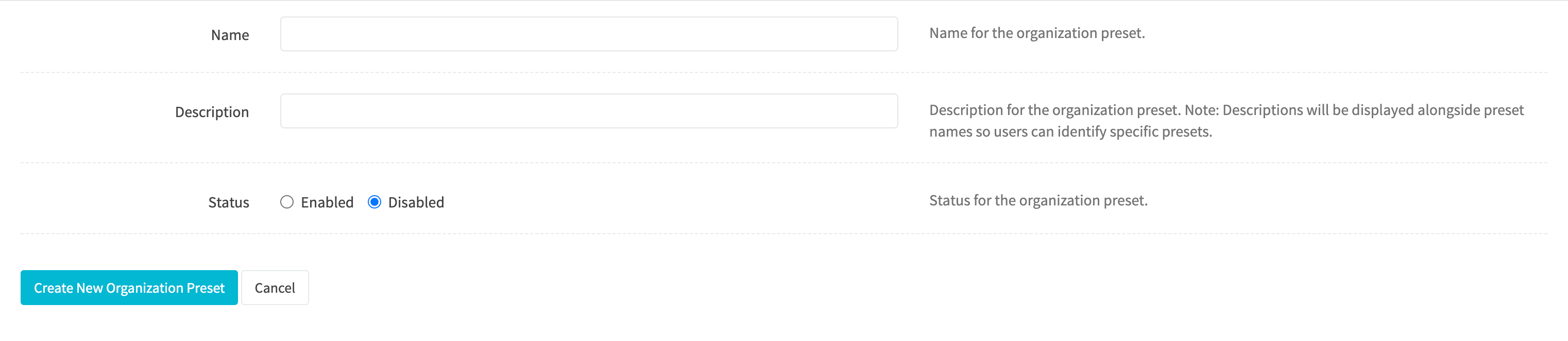 New Organization Preset