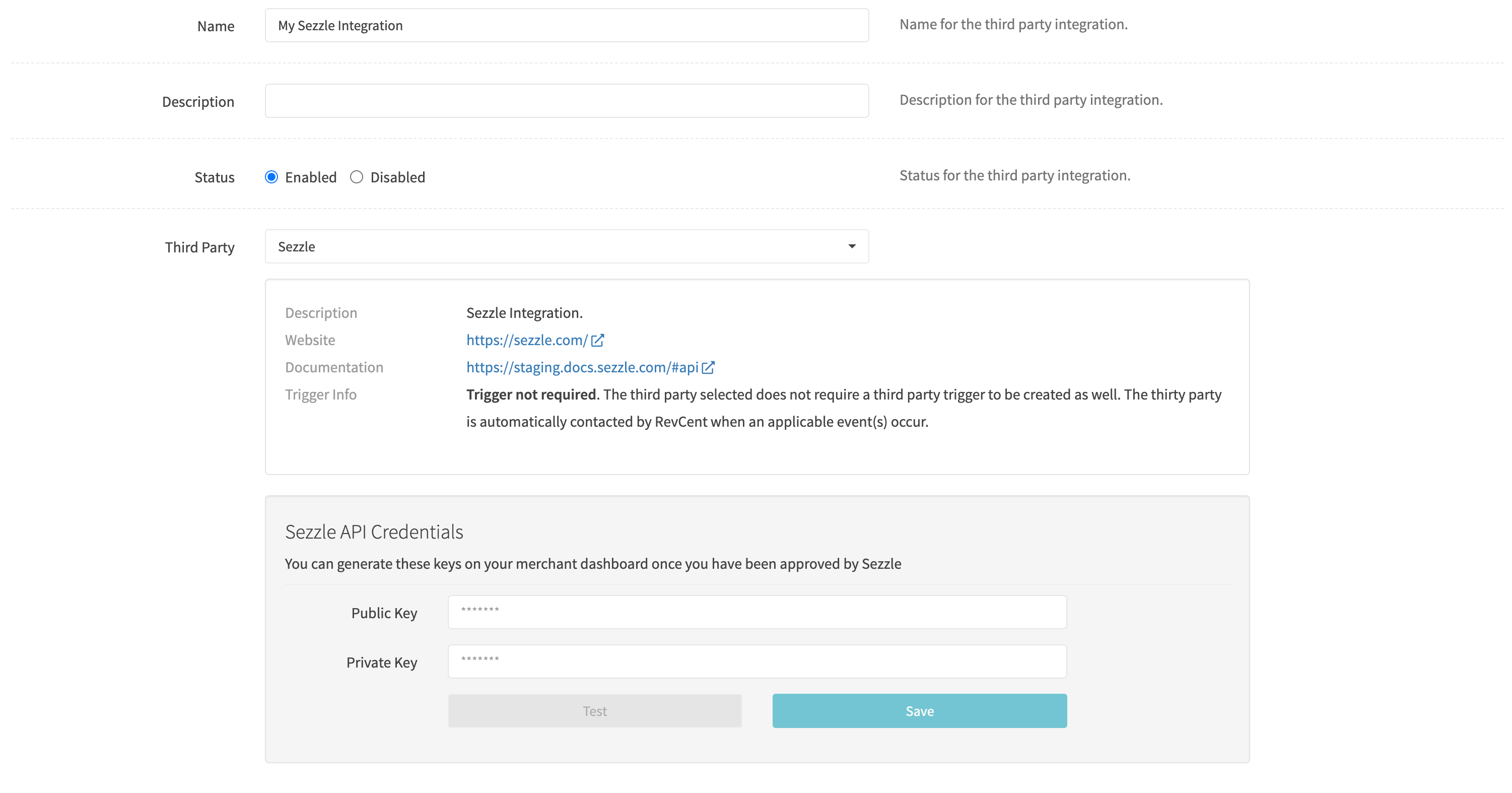 Third Party Integration Sezzle