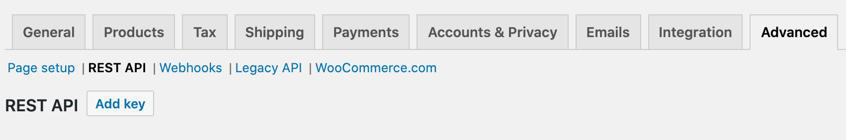 WooCommerce settings advanced REST API add key