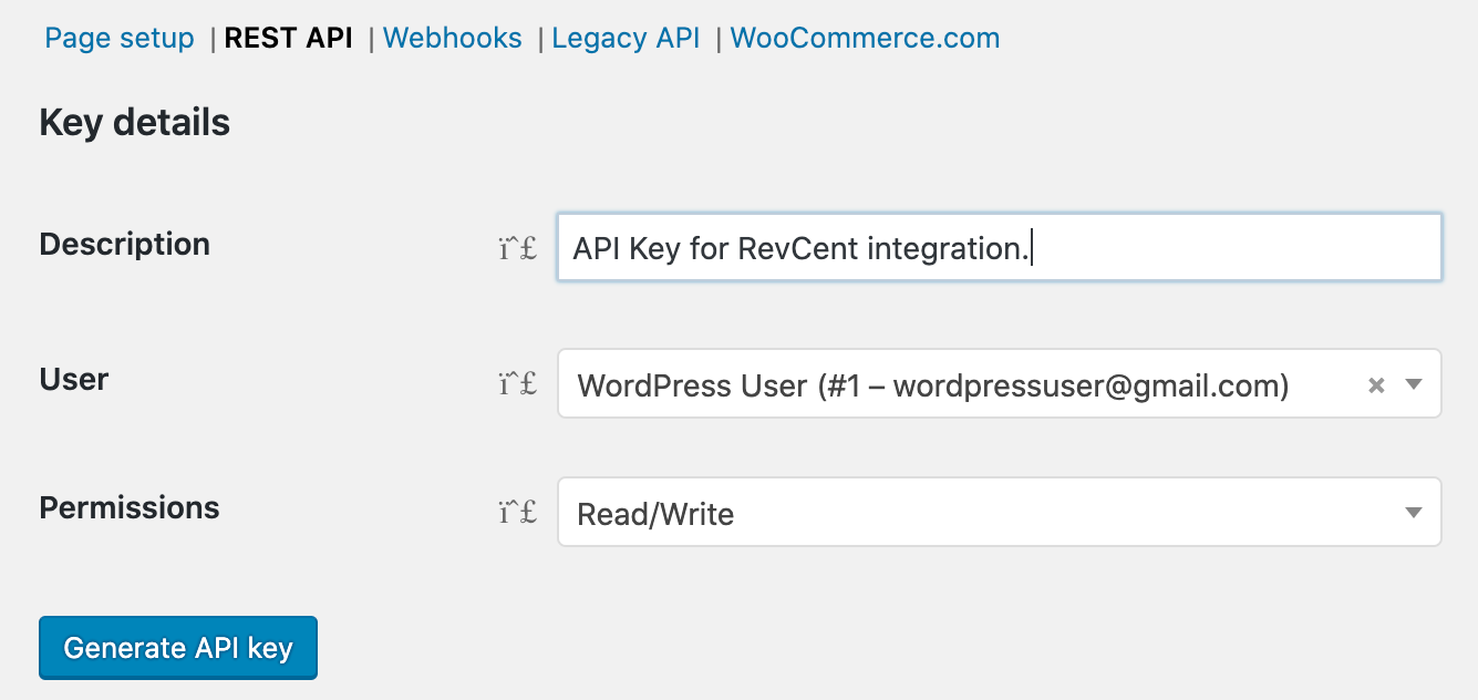 WooCommerce settings advanced REST API generate key
