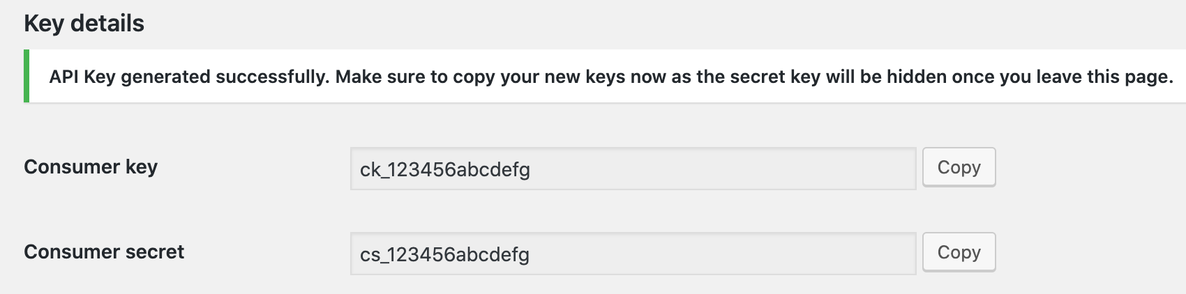 WooCommerce settings advanced REST API key details