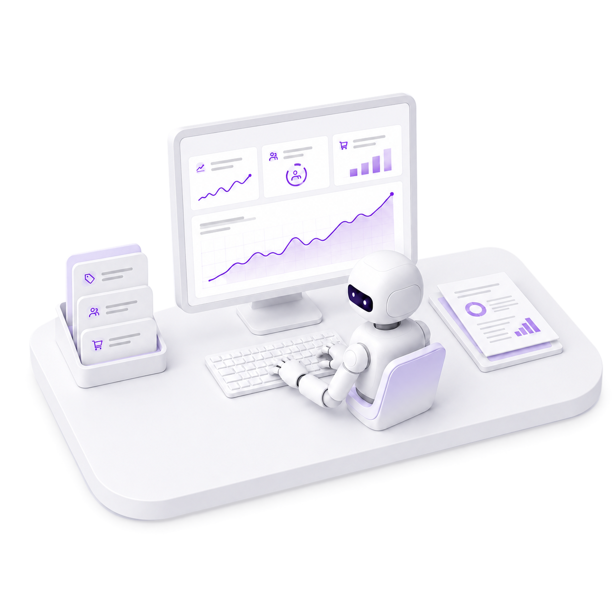 A robot working at a dashboard, with sales and customer records beside it and a prepared growth report on its desk.