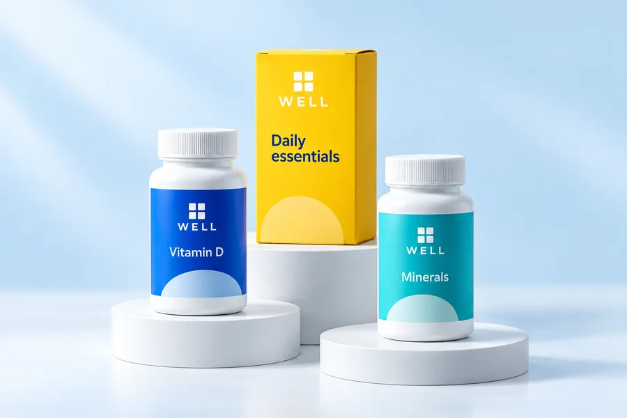 WELL vitamins and minerals in blue, turquoise, and yellow packaging